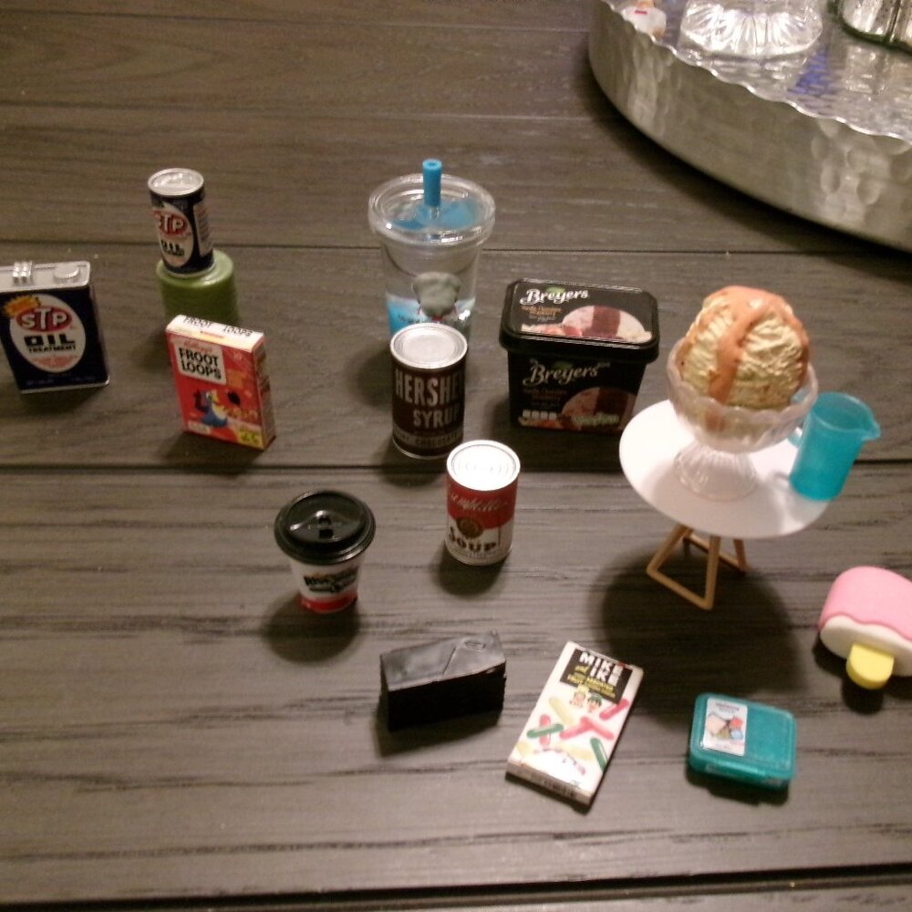 Our Generation 18” Doll Play Food ICE CREAM Canned Goods STP OIL SOUP CANDY
